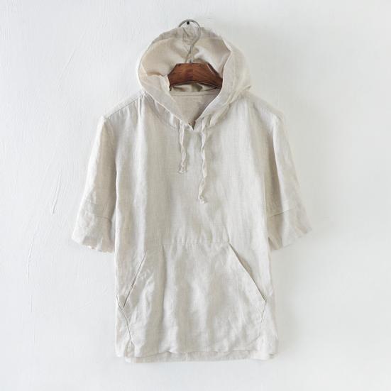 夏新品　メンズＴシャツ　半袖パーカー　綿麻　トレーナー　薄手　　カジュアル　通気性　４色あり　オシャレ　ベージュXL　