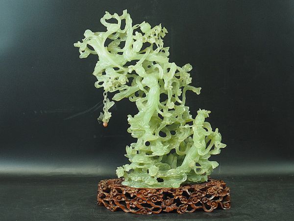 中国美術 和田青玉 透彫人物置物 細密彫刻 特大 高さ約38cm 唐木台座