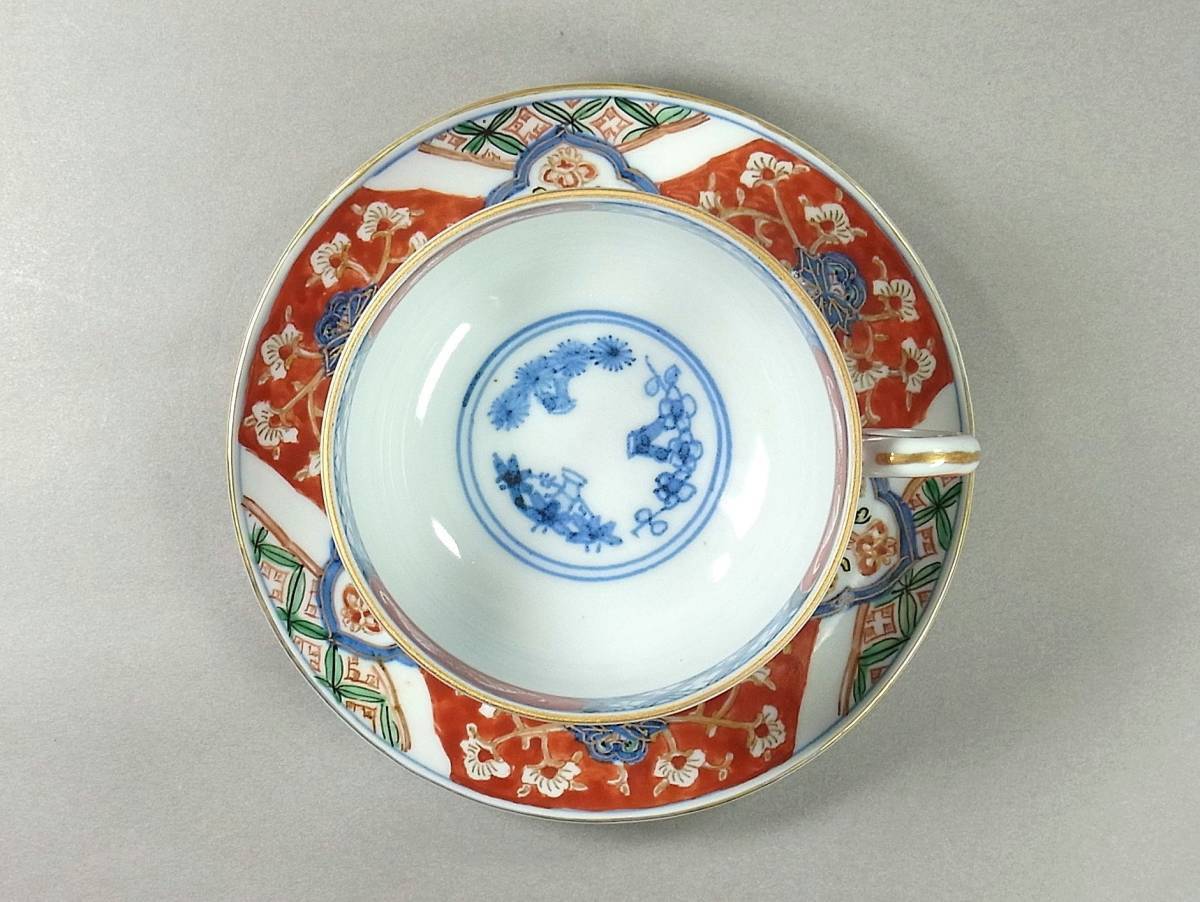 古伊万里　赤絵　冨貴長春　カップ＆ソーサー　総手描き　染付染錦　骨董　明治時代 古伊万里・カップ&ソーサー・手描き／染錦・富貴長春・幕末～明治② 古