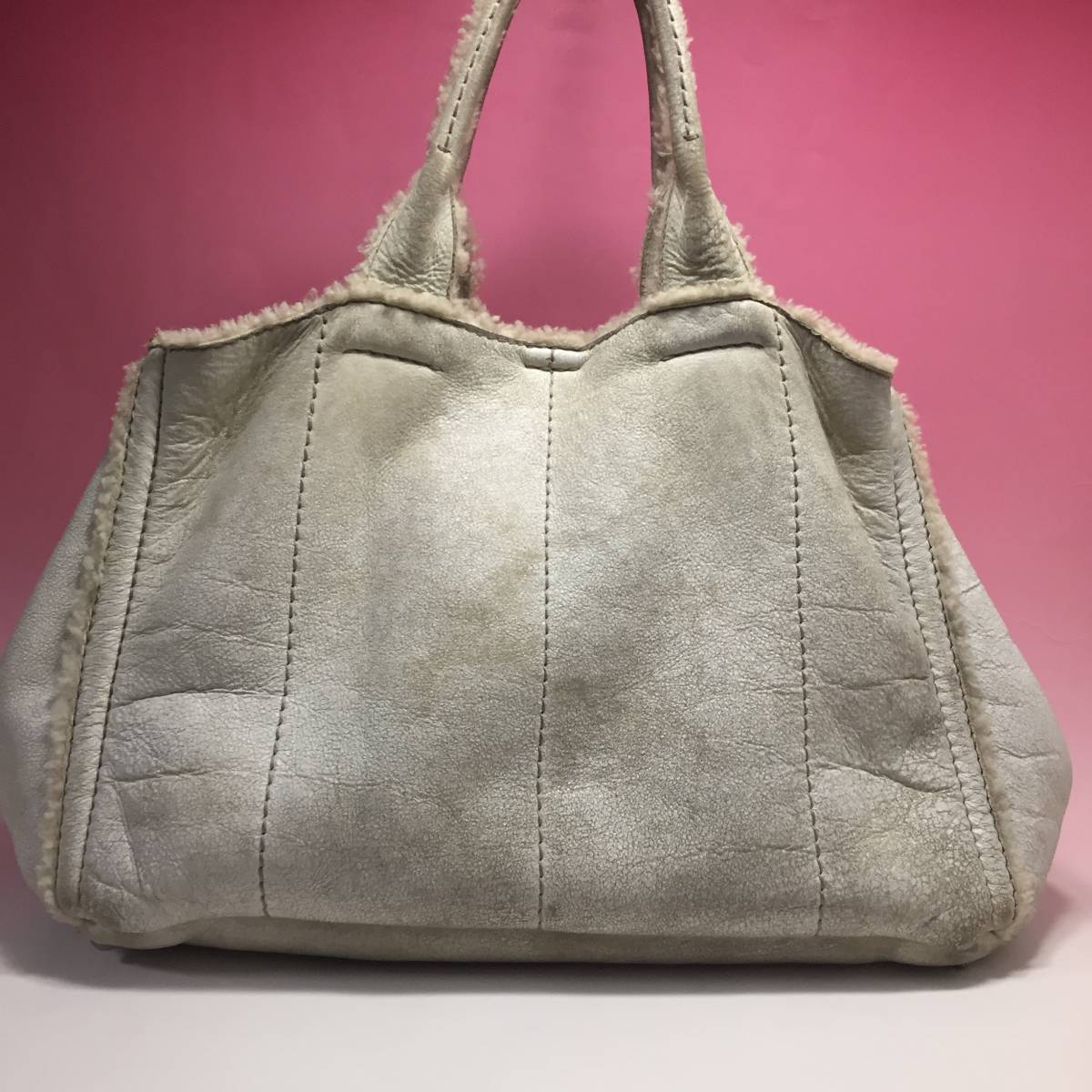 PRADA◇ プラダ カナパ トートバッグ ムートン◇オフホワイト(トート 