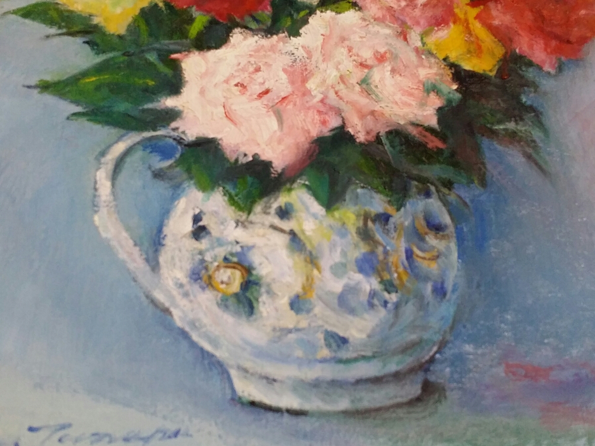 油絵 薔薇 バラ 花 赤 ピンク 繪 静物画 【サイズ F6 約41×32cm】花瓶