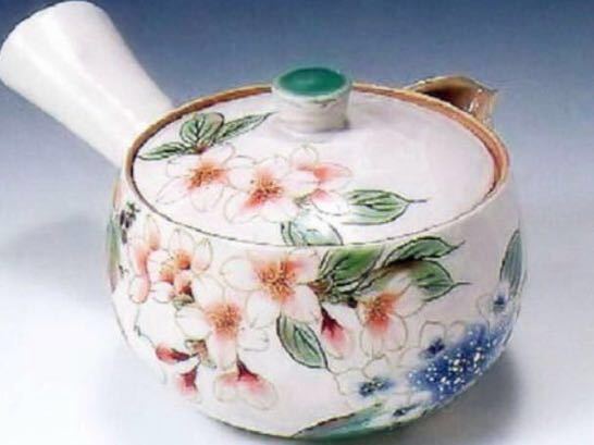 三越購入未使用*京焼*清水焼*陶あん白掛草花*急須 茶道具 茶壺 古 明