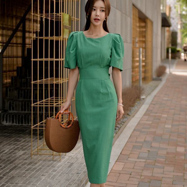 SALE，人気セール 夏物 レディース 大人 sexy セクシー きれいめ OL パフスリーブ ロング丈 リボンタイトワンピース M(Mサイズ)｜売買されたオークション情報、yahooの商品情報をアーカイブ公開 - オークファン Mサイズ