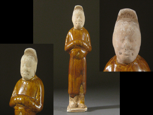 古玄社】古代美術 発掘品唐時代黄釉人物俑／置物 付箱