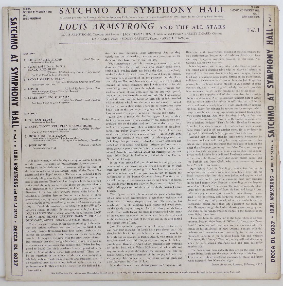 220g あり 重量 プレス Flat 黒金 完全 オリジナル 深溝 LOUIS ARMSTRONG Satchmo at symphony hall ルイ・アームストロング Decca DL 8037_2