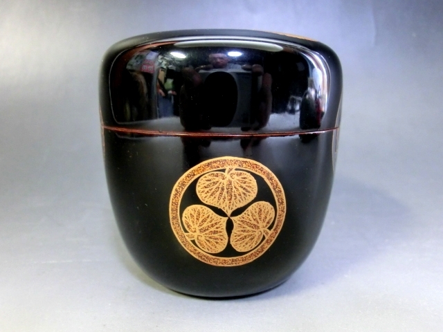 棗□黒塗り 葵の紋 茶入れ 仕覆付き お茶道具 古美術 時代物 骨董品