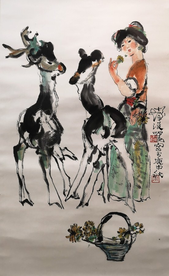 zzq785w中国美術 唐物 掛軸 掛け軸　名画 肉筆保証 紙本　少女と鹿（程十発)　