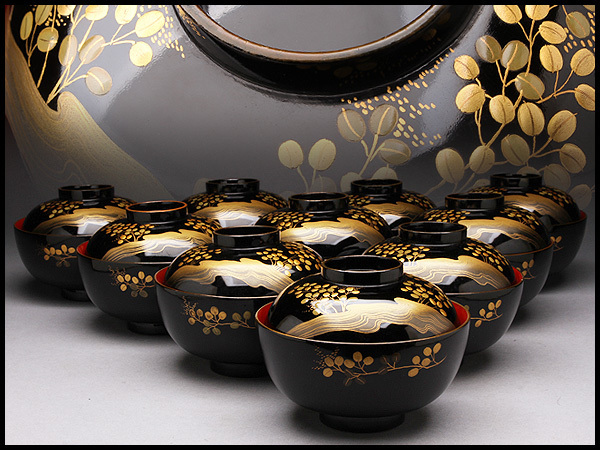 木製漆器 輪島塗 五客 ⁄ 漆芸 柿蒔絵 黒塗御吸物椀 秋 CK72 果物 黒塗