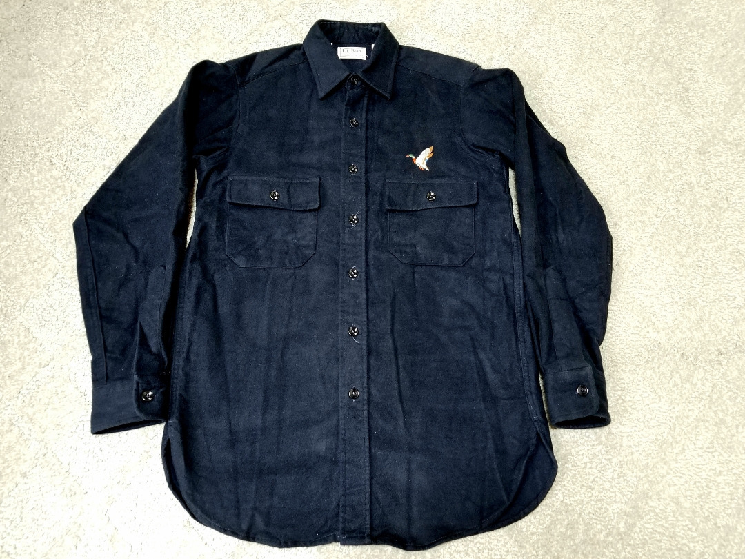 即決で送料無料 良好 ～80s USA製 LLBEAN エルエルビーン カモの刺繍 CHAMOISCLOTHSHIRT シャモアクロス シャツ 14ハーフ S M 紺 navy