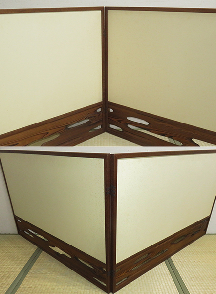 茶道具　屏風　風炉先　【２尺　女桑縁　上段襖・葭付　両面用　虫喰焼杉腰板　風炉先屏風　】紙箱　京間用　冬夏兼用