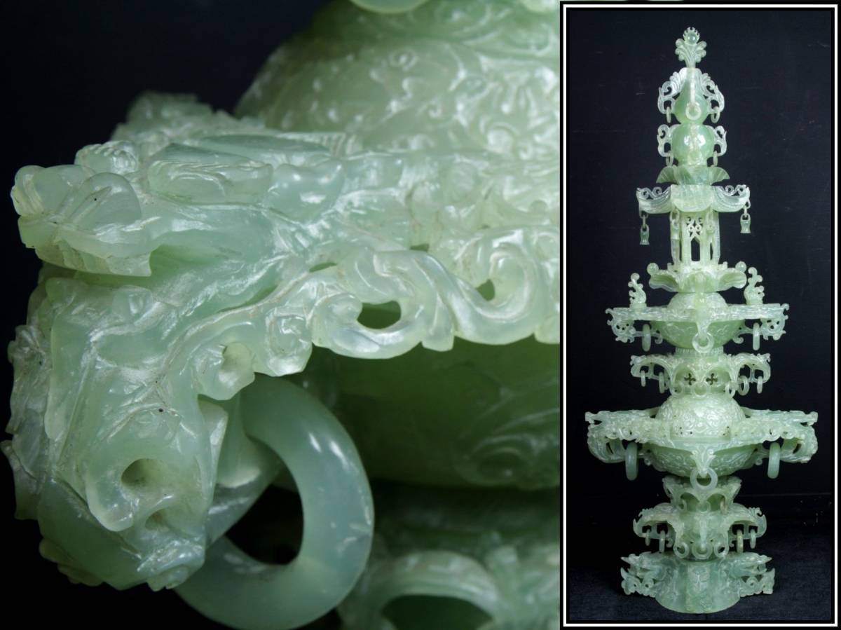 ◇櫟◇ 中国古玩 玉製 翡翠 龍雲彫刻香炉 特大100cm 15.5kg 箱付 細密 