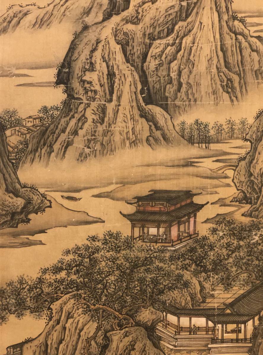 【掛軸】文徴明 1470-1559 山水 明代 中国古美術 絹本 美品 肉筆時代保証 Fine Chinese Hanging Scroll painting By Wen Zhengming 0717