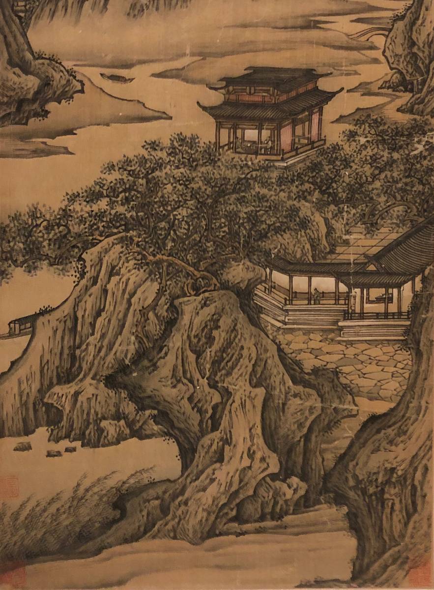 【掛軸】文徴明 1470-1559 山水 明代 中国古美術 絹本 美品 肉筆時代保証 Fine Chinese Hanging Scroll painting By Wen Zhengming 0717