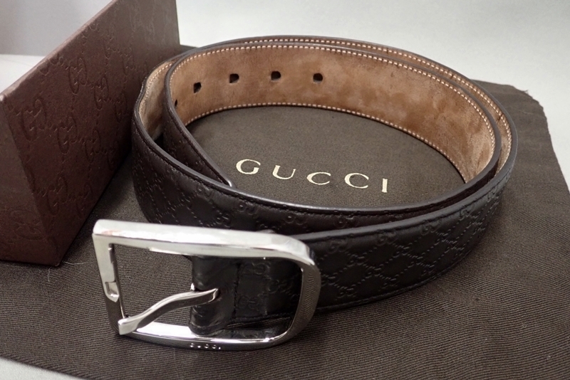 グッチ メンズ マイクログッチシマ レザーベルト 449716 メンズ 85cm ブラウン色【 付属品あり 】 1円スタート マイクログッチシマ グッチ ブラック (目立った傷や汚れなし)GUCCI B GUCCISSIMA