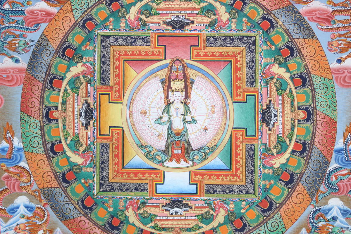 タンカ/十一面千手千眼観音菩薩/約59×47cm/肉筆/チベット密教/仏教美術