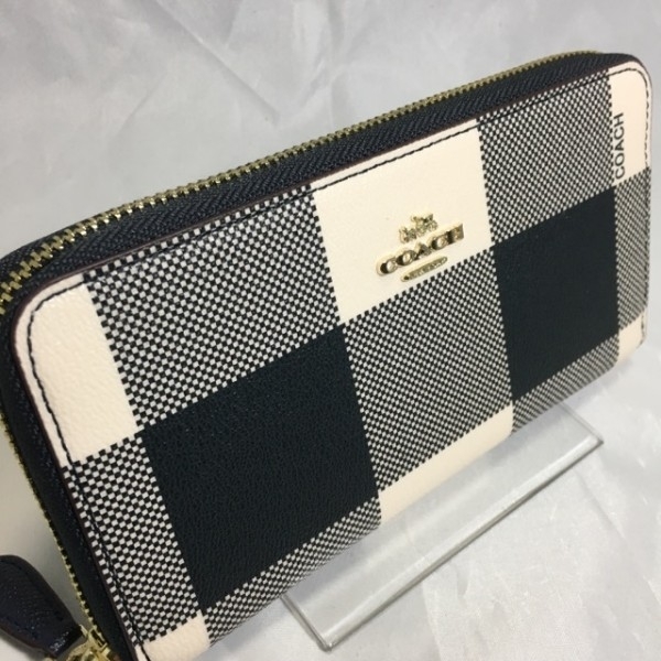 【無料ラッピング承ります】2018新作 新品コーチ 長財布 おしゃれなチェック チョーク×ブラック×ゴールドメタル ラウンドファスナー コーチ 長財布 COACH ギンガムチェック ラウンドファスナー長財布 ライトカーキ&frasl;チョーク