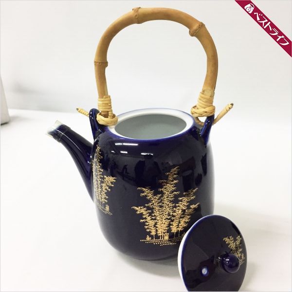 本物 深川製 有田焼茶器 ネイビー 金彩 蓋付 未使用セット 木箱付き