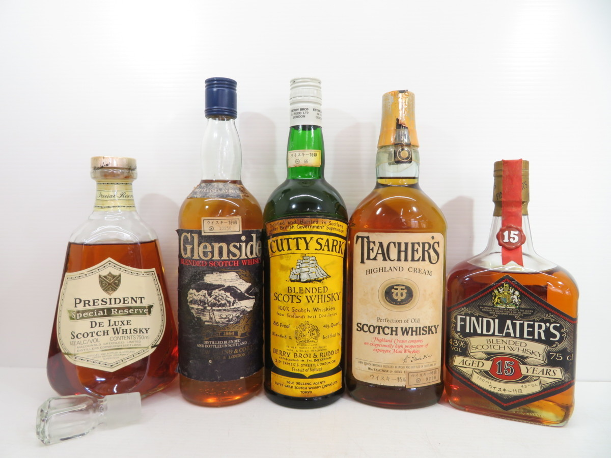 5本♪PRESIDENT / Glenside / CUTTY SARK / TEACHER'S / FINDLATER'S 15年　スコッチ　ウイスキー　特級　760ml　750ml　43%　古酒　未開栓