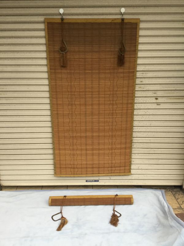 茶道具 結界 100i1535]屏風 黒竹炉屏 焼竹 氷裂文透かし組 四折 四曲