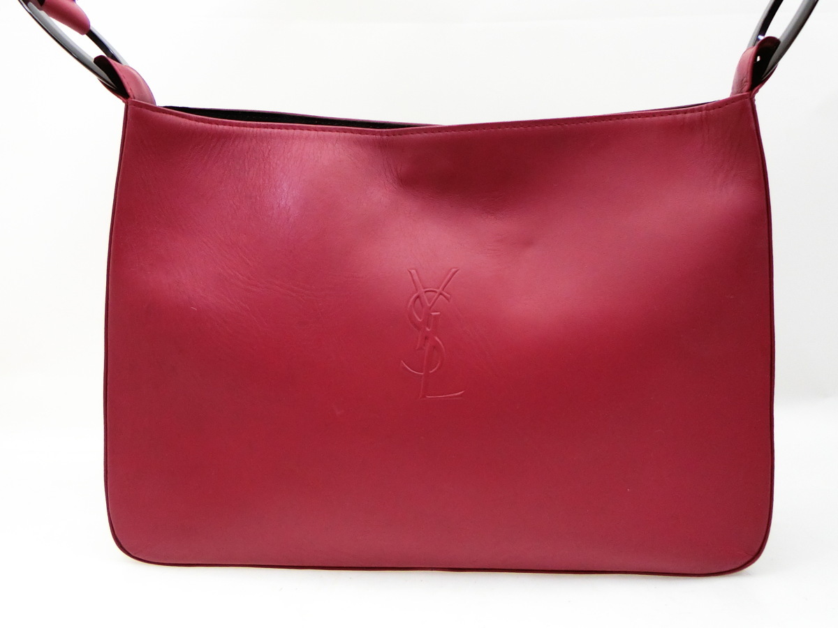 ◇Y10072 激レア サンローラン YSL デカ ロゴ ボルドーカラー レザー 