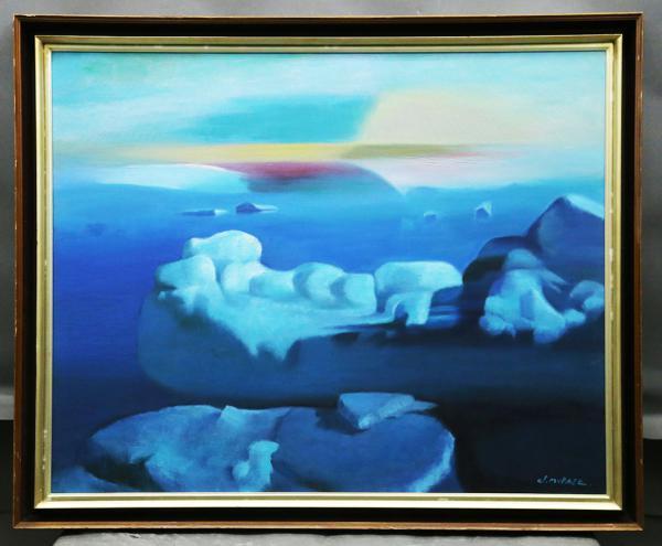 絵画買取・販売の 村瀬 真治「蓮葉氷」油絵・F4号 一線美術会創立会員