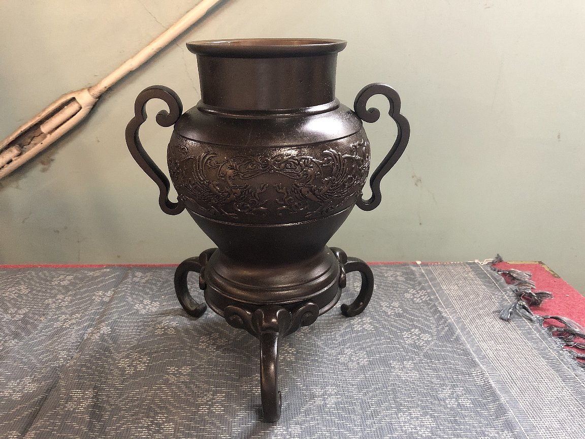 陽山造 鳳凰 象鼻足 三足 花入れ/花器/花瓶▽中国美術煎茶道具唐銅製