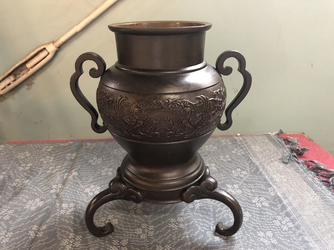 陽山造 鳳凰 象鼻足 三足 花入れ/花器/花瓶▽中国美術煎茶道具唐銅製