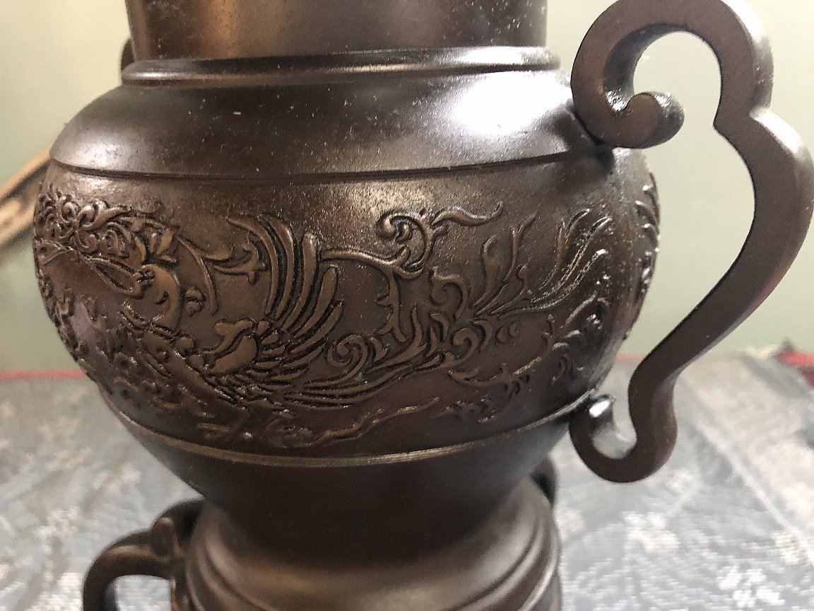 陽山造 鳳凰 象鼻足 三足 花入れ/花器/花瓶▽中国美術煎茶道具唐銅製