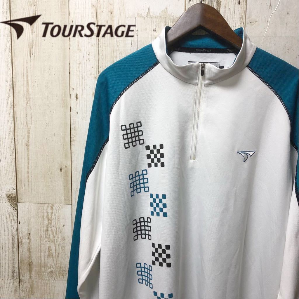 TOUR STAGE ツアーステージ ハーフジップ シャツ 長袖 ラウンド トレーニング ウエア グリーン × ホワイト ツートンカラー