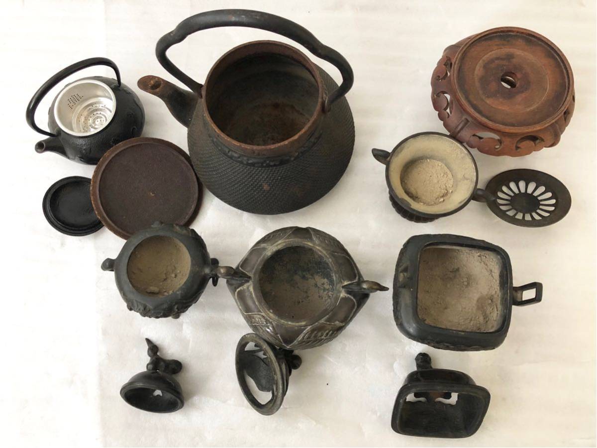 茶道具 急須 3点セット 南部鉄器 南部鉄瓶 おまけ付き 煎茶道具 鉄瓶 香炉 SALE 時代物 棗 陶器急須 まとめて 鉄急須 鉄瓶百科