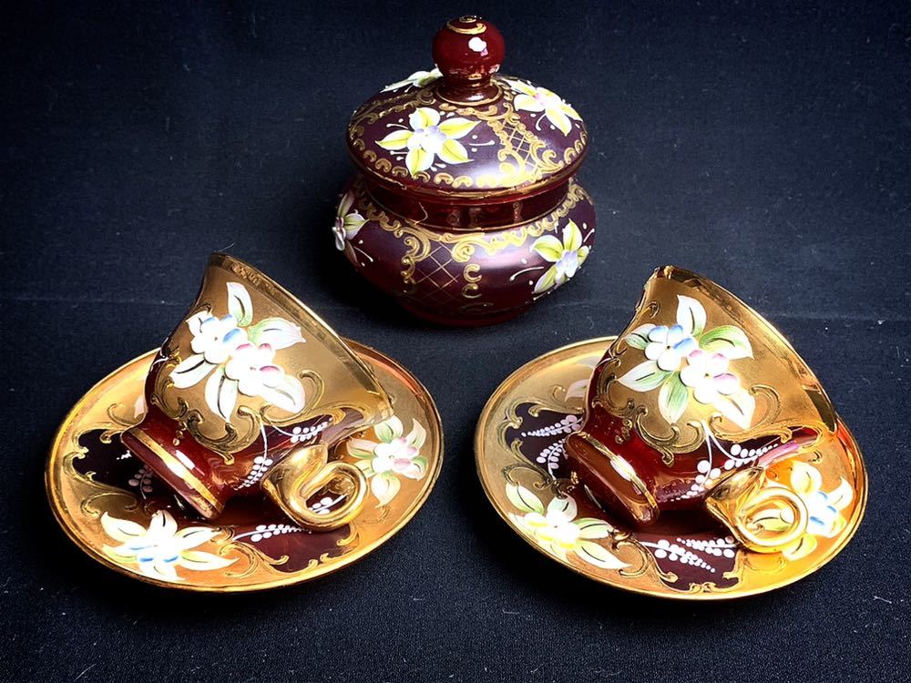  MURANO GLASS ムラーノガラス カップ＆ソーサ２客＋シュガーポットセット 金彩 アンティーク ムラノ ヴェネツィア イタリア murano(工芸ガラス)｜売買されたオークション情報、yahooの商品情報を 工芸ガラス