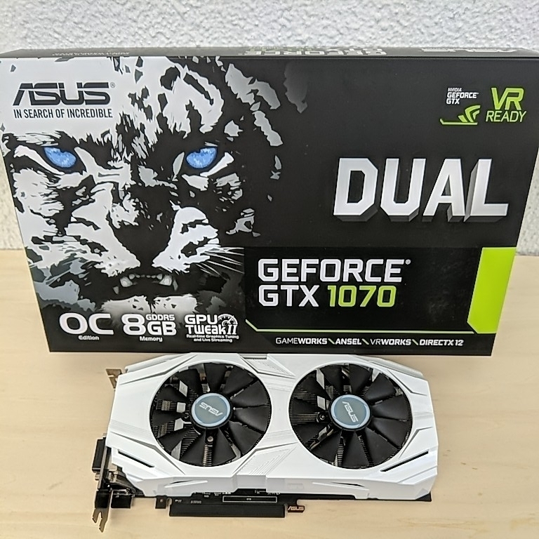 ASUS DUAL-GTX1070-O8G 外箱・各端子カバー・インストールディスク付きです。