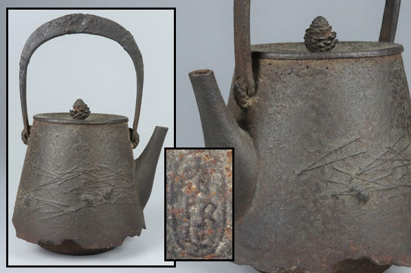 名匠 骨董品 南部有坂造 富士形鉄瓶 花草絵図 南部鉄瓶 南部鉄器 在