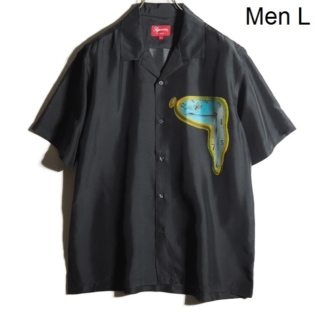 B1612P　▼Supreme シュプリーム▼　新品 19SS The Persistence Of Memory Silk S/S Shirt シルク オープンカラーシャツ 半袖 黒 L 春夏 rb