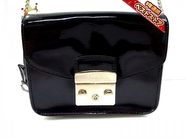 フルラ FURLA ショルダーバッグ メトロポリス エナメル（レザー）×金属素材 黒×ゴールド ミニサイズ/チェーンショルダー バッグ