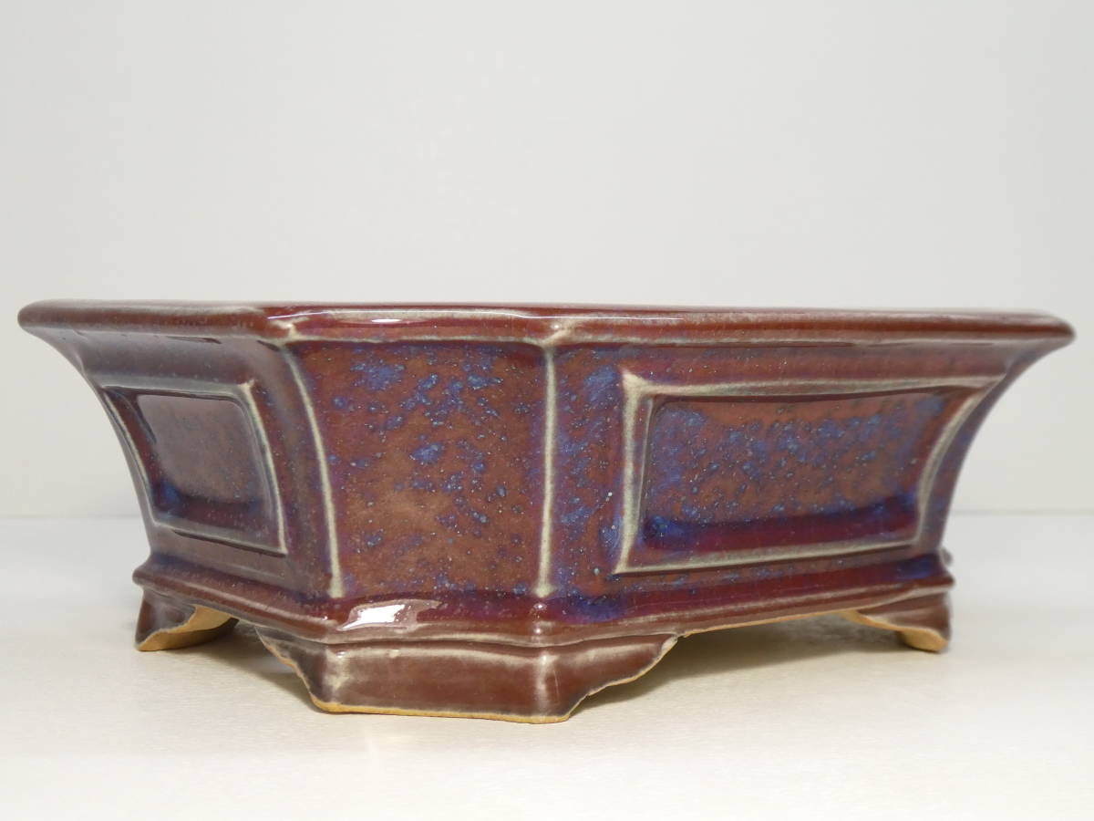 ▽耀山窯 英明 萬園選 特注品 辰砂釉外縁隅切額入長方鉢 18.5×15.7×6.4