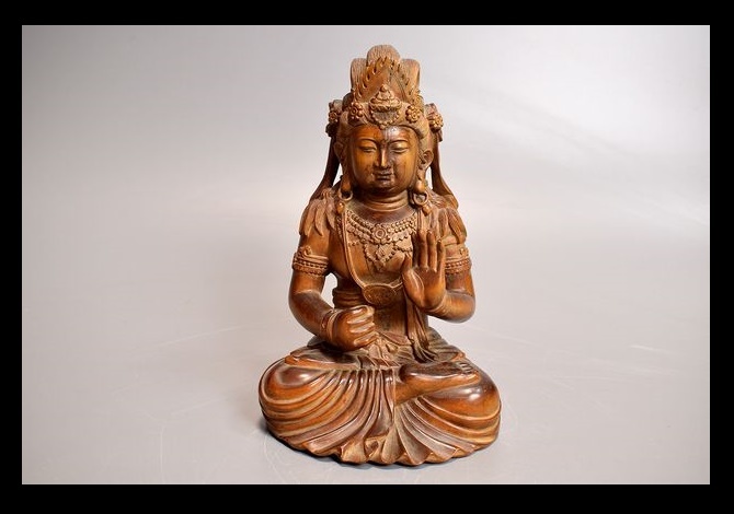 愛】時代古玩 黄楊木 木彫 観音坐像 柘植 仏教美術 唐物 唐木 (1417