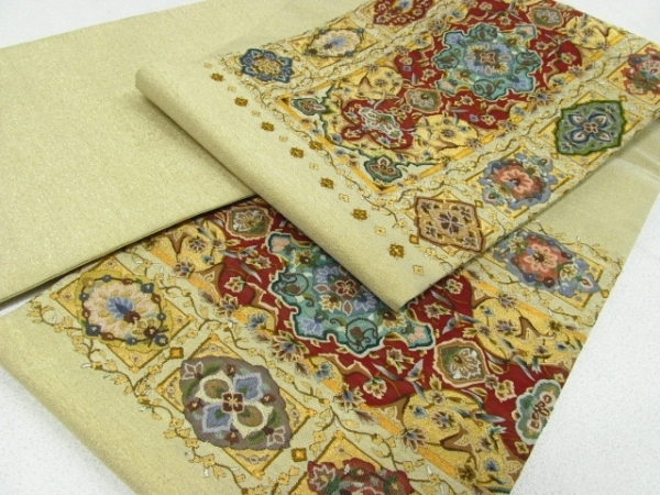 ☆着物10☆ 1円 逸品!! 絹 袋帯 綴れ 相良刺繍 すくい織 瑞
