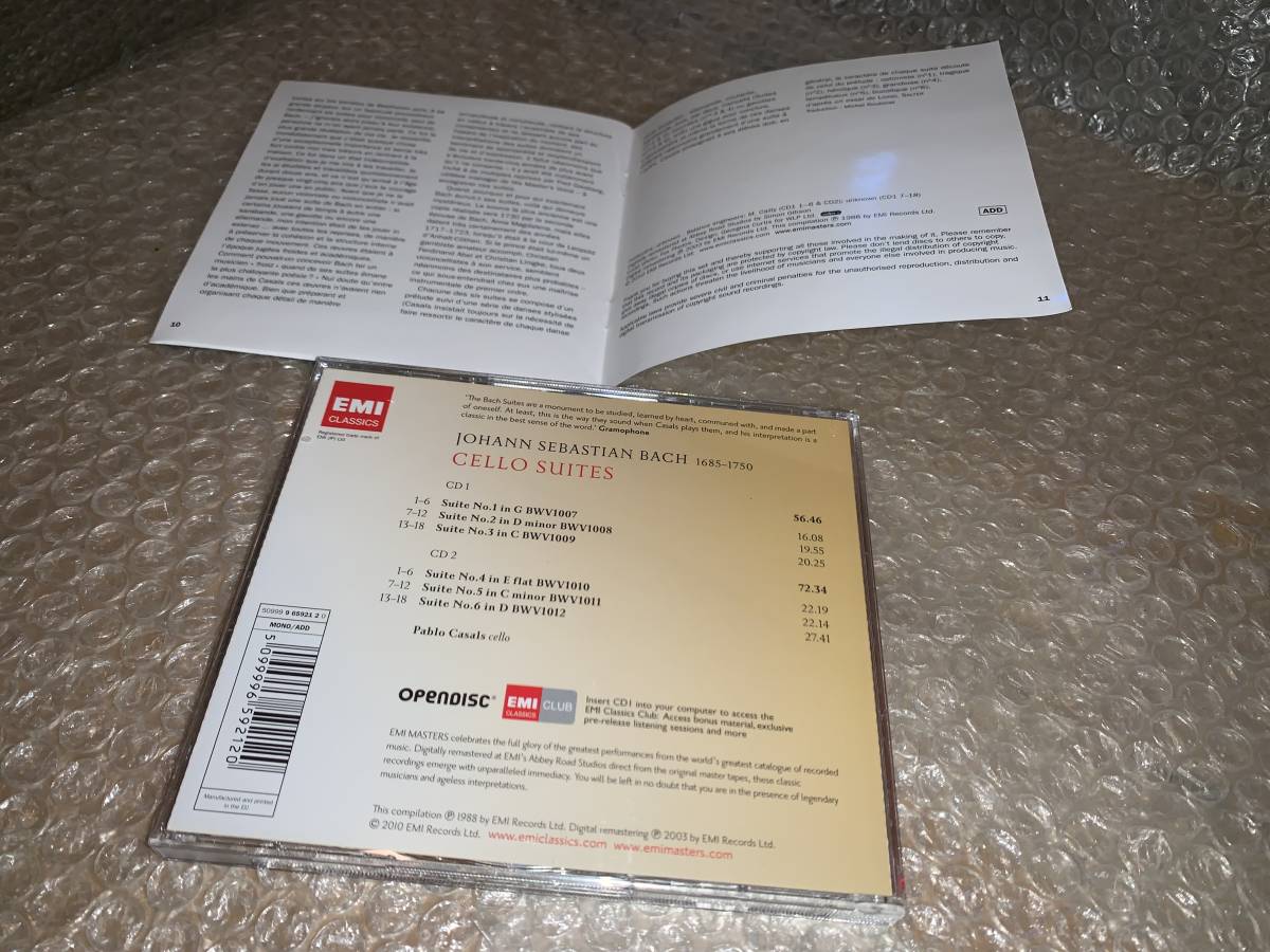 PABLO CASALS @ 2 CD SET @ カザルス 名演 @ BACH @ バッハ @ THE 6 CELLO SUITES @ 無 ...