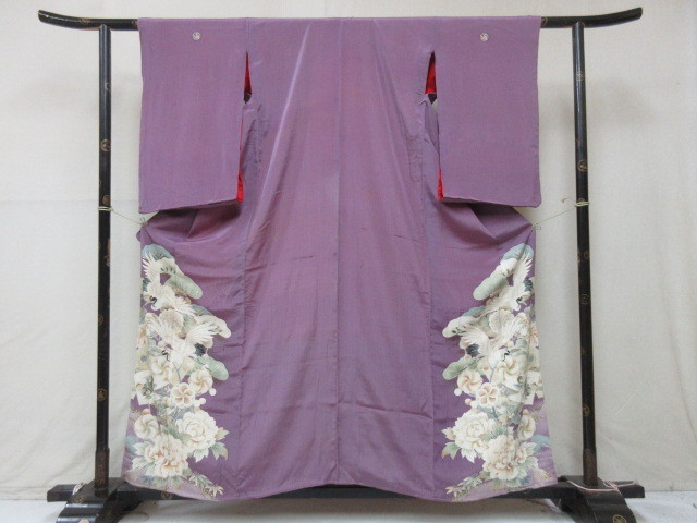 ★良品★ 1円 正絹 縮緬 紅絹 アンティーク 大正浪漫 飛鶴 草花 古典文様 袷 着物 訪問着 身丈148cm 裄64cm ◆逸品◆【夢職】