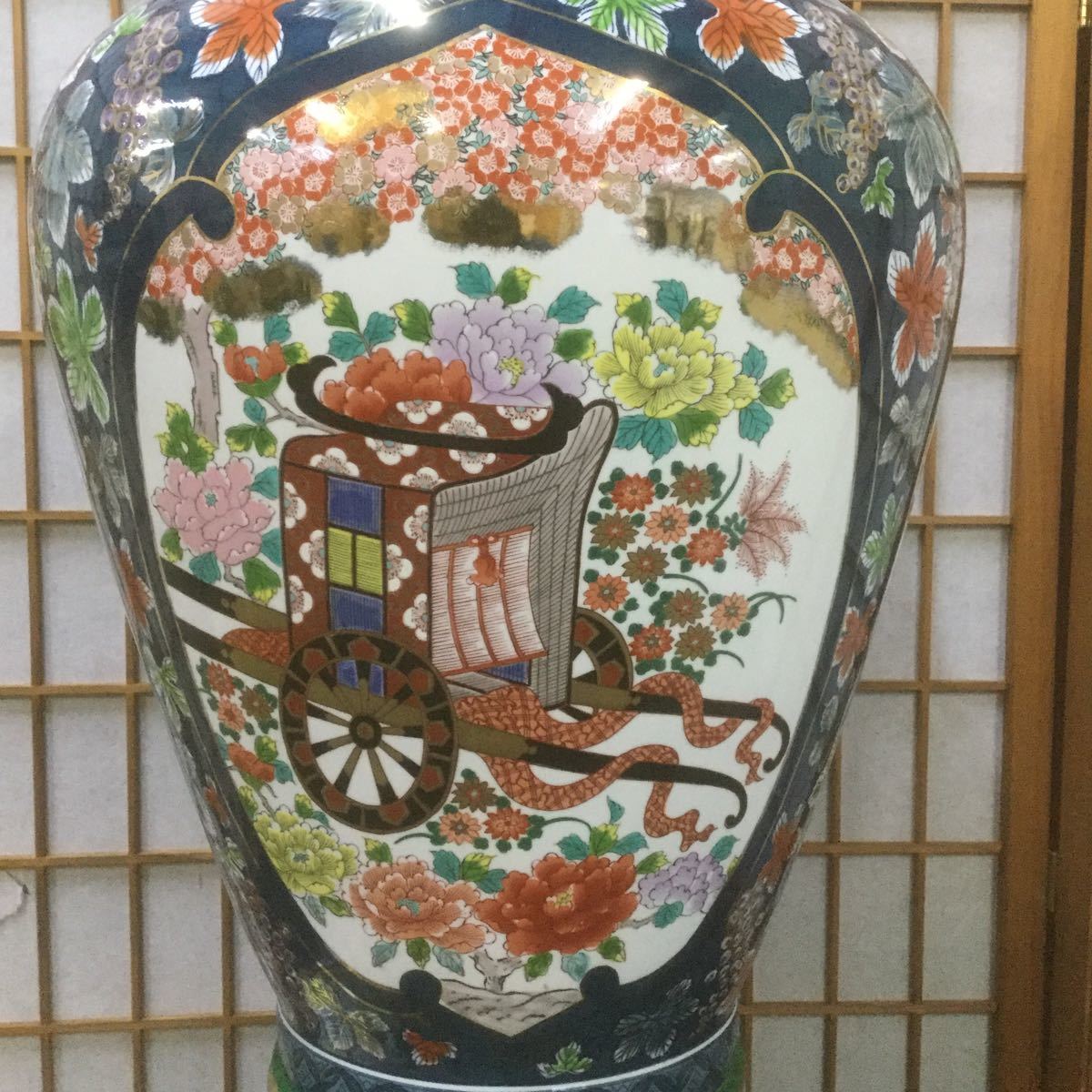 サ-2☆M0954☆有田焼 金龍窯 博山作 染錦 御所車・孔雀絵