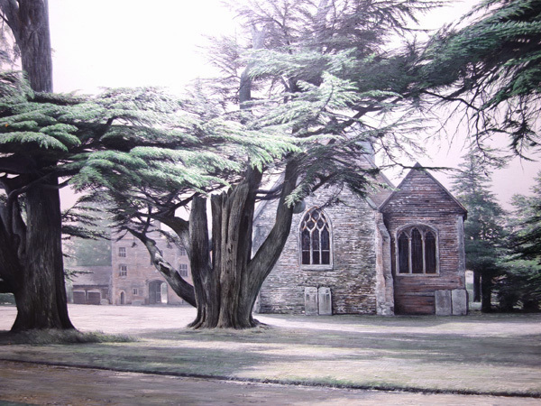 慶應◆超絶リアリズム！【原雅幸】真筆 ボードに油彩P6号 細密写実風景画『ルリングストン城の教会』豪華額装_1