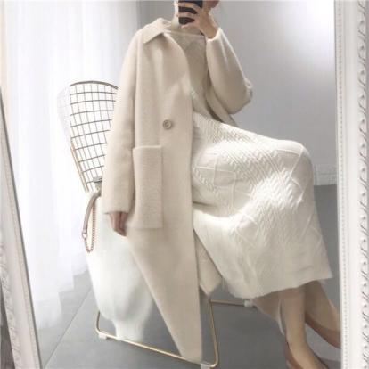 ☆極上高品質★ロングカーディガンコート ミンク模倣毛 カシミヤ ウール 白 white 着回し 可愛い シンプル 上品 暖かい S M L D5