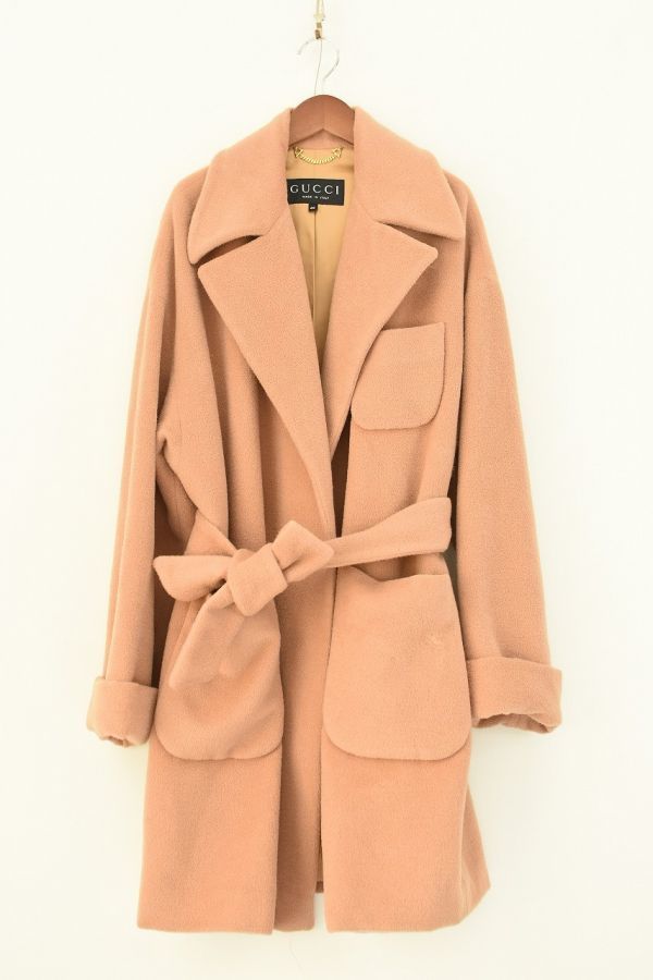 A0445 ◎最高級 GUCCI グッチ イタリア製 ベルテッド チェスターコート ガウンコート ベージュ 40 アルパカ ウール 起毛 ビーバー