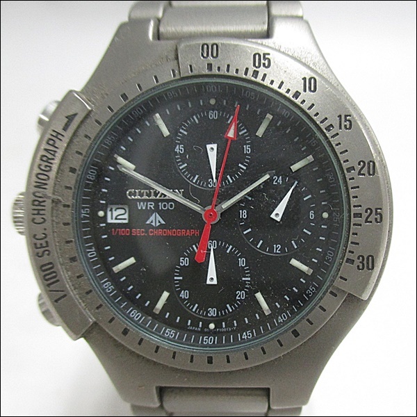 13 33-228115-27 [Y] 【A】CITIZEN シチズン チタン クロノグラフ 0610-F10008 TA 左利き レフトハンド メンズ クオーツ 腕時計 大33