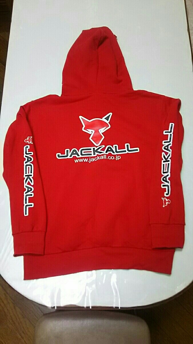 爆買い，本物保証 美品！JACKALL(ジャッカル)フード付きパーカー 希少色レッド Mサイズ (検)バス シマノ ダイワ アブガルシア ZPI 防寒 防風 