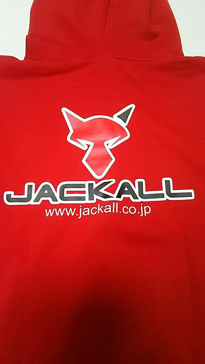 爆買い，本物保証 美品！JACKALL(ジャッカル)フード付きパーカー 希少色レッド Mサイズ (検)バス シマノ ダイワ アブガルシア ZPI 防寒 防風 