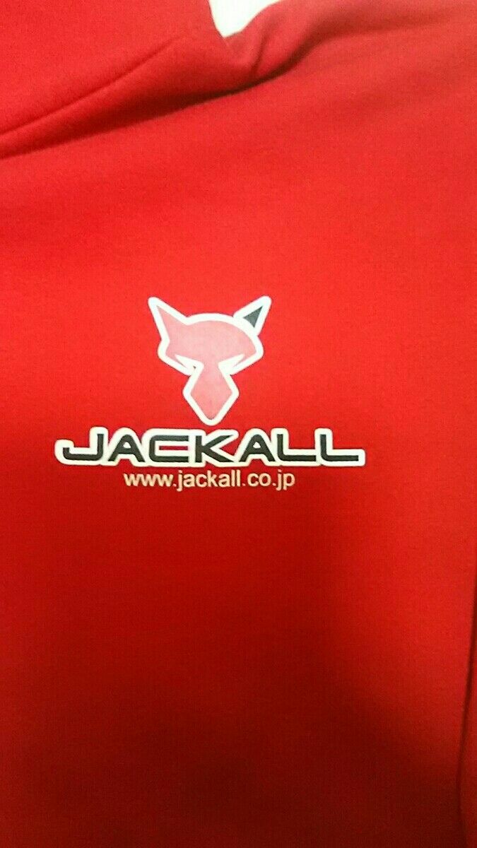 爆買い，本物保証 美品！JACKALL(ジャッカル)フード付きパーカー 希少色レッド Mサイズ (検)バス シマノ ダイワ アブガルシア ZPI 防寒 防風 