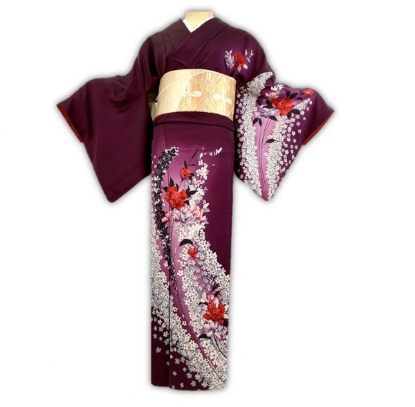 きもの誠実屋】 美品 正絹 訪問着 袷 濃い紫色 花柄 手縫い 和装 冬