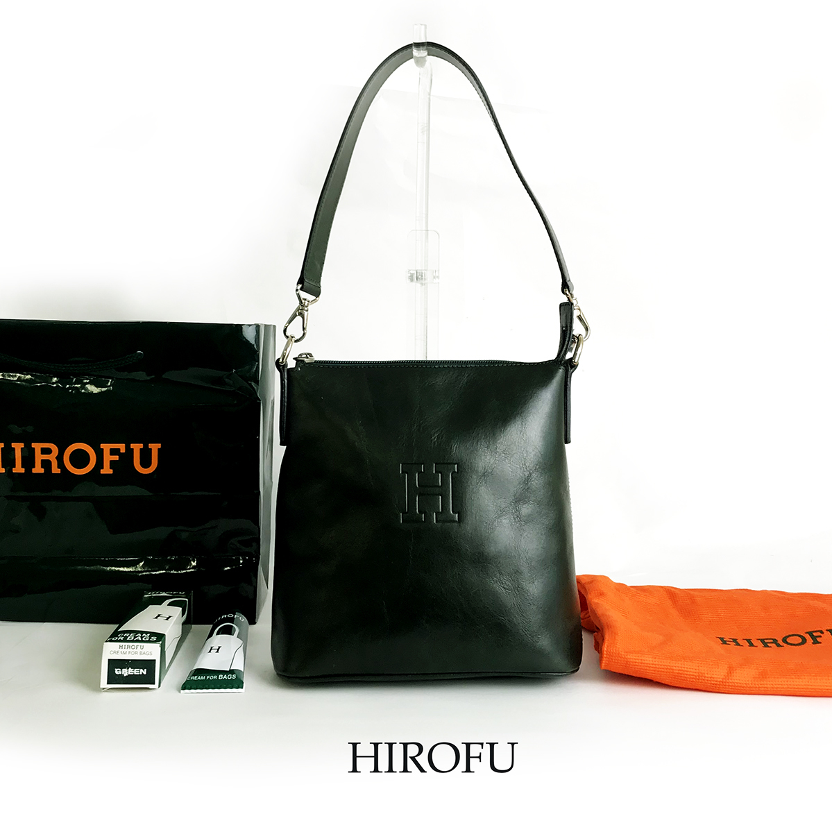 良品 HIROFU ヒロフ 本革 レザー ハンド バッグ ダーク グリーン 鞄 
